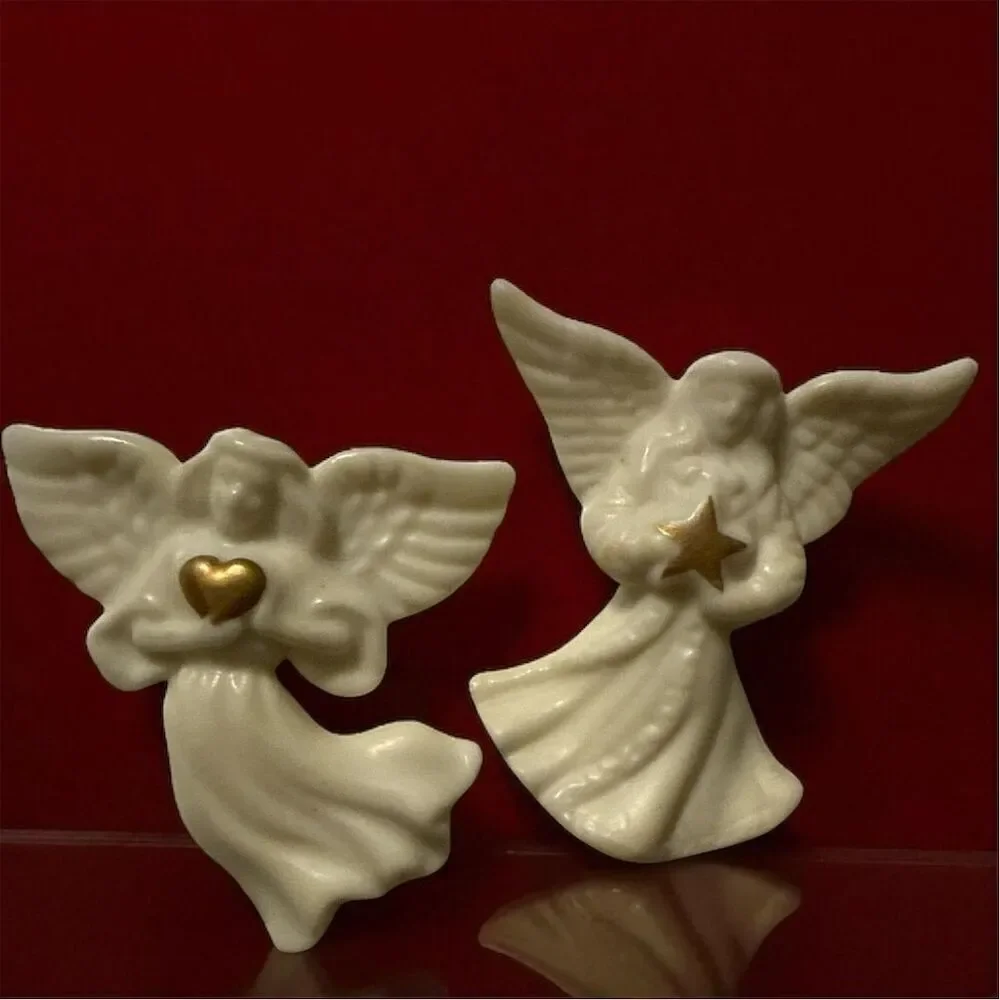 Vintage Lenox Two Porcelain Christmas Angel Brooch Gold Star Heart Collectible